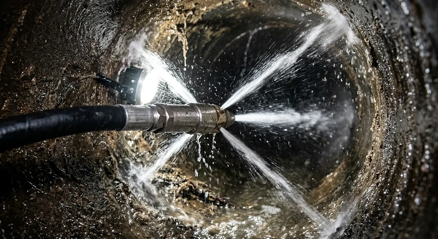 High-pressure hydro jetting nozzle cleaning sewer pipe for Emergency Drain Service in Port Charlotte