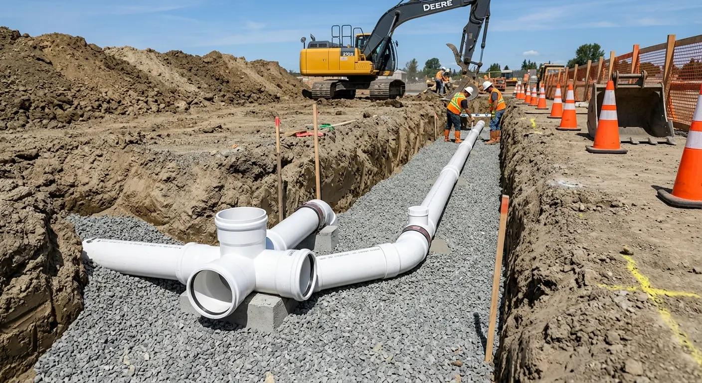 New PVC sewer pipe installation in open trench for Sewer Camera Inspection in Port Charlotte