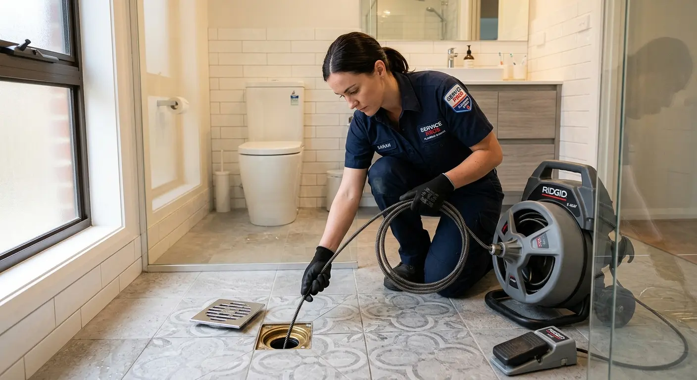 Technician clearing a bathroom floor drain for Sewer Line Replacement in Port Charlotte